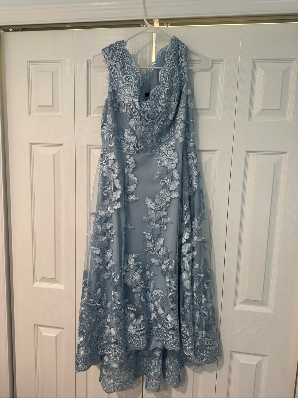 Lace Appliqué Asymmetrical Evening Dress in Dusty Blue